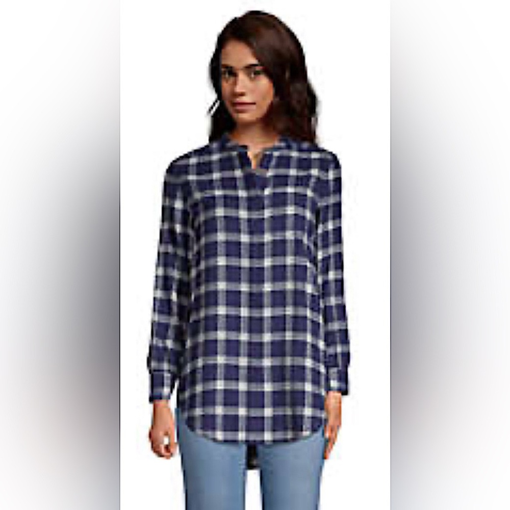 Flannel plaid button-down navy plaid tunic cozy 100% cotton feminine petite